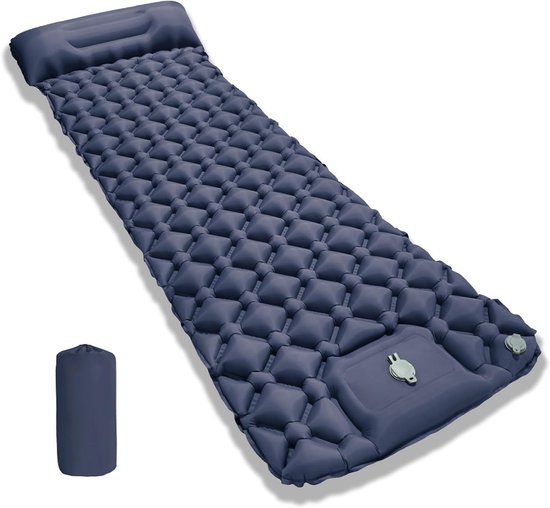 Ultralicht campingmatras voor buitengebruik met voetpomp en kussen, ideaal voor wandelen, strand en reizen (marineblauw) van Merkloos