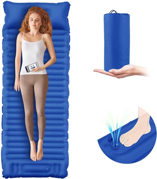 Ultralicht opblaasbaar slaapkussen - opblaasbaar slaapkussen met kussen en voetpomp - camping slaapmat voor wandelen, reizen en kamperen - blauw van The Camping Lab