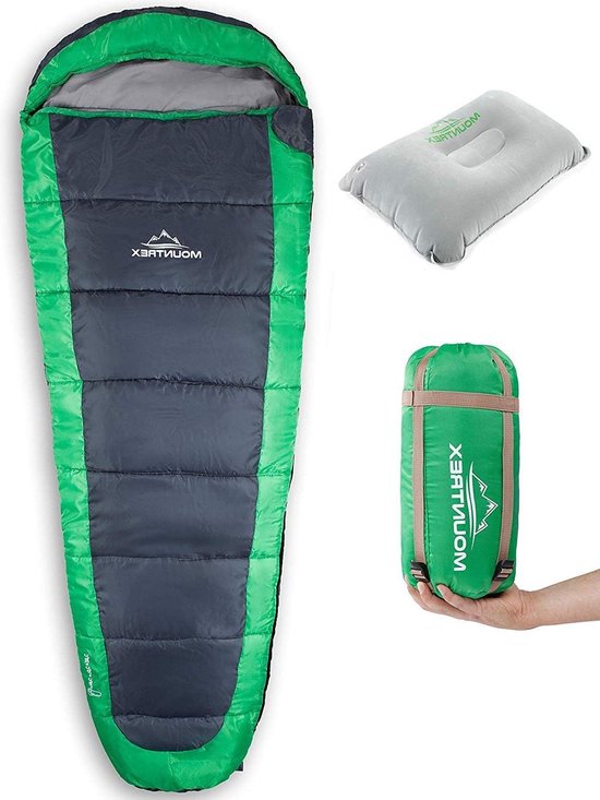 Ultralichte & Compacte Slaapzak (850g) - Outdoor Zomerslaapzak - Mummieslaapzak (205x75cm) - Klein Pakformaat en Licht - voor Jongere en Volwassenen + Reiskussen van Merkloos