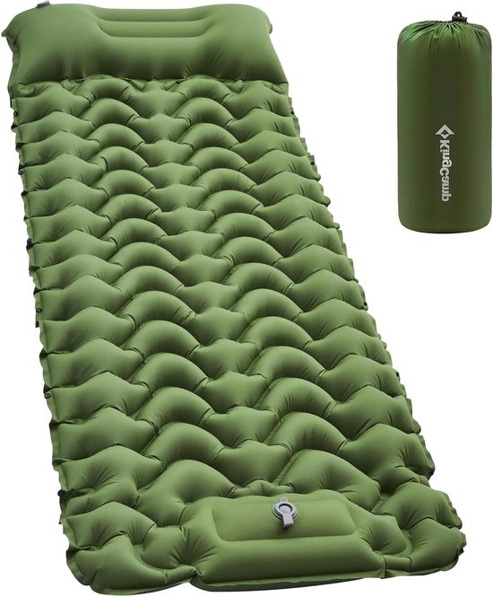 Ultralichte opblaasbare campingmat met ingebouwde voetpomp - compacte opblaasbare slaapmat met kussen voor backpacken wandelen - groen