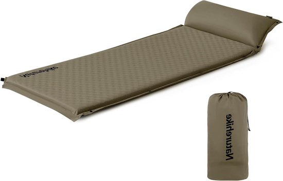 Ultralichte zelfopblazende slaapmat met hoofdkussen 3 cm hoog legergroen van Quechua