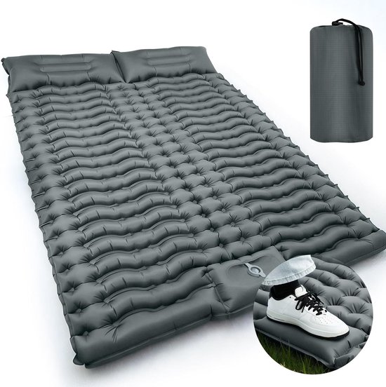 Ultralight Zelfopblazend Slaapmat voor 2 Personen, 10cm Extra Dikke Campingmat met Voetpomp voor Buitenactiviteiten zoals Kamperen en Wandelen - Grijs