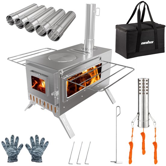 unho Camping Tent Kachel - Draagbare Houtkachel - Roestvrij Staal Buiten Koken Kachel - Houtkachel met 7 Schoorsteenpijpen voor Tent Shelter Tuin - Zilver van unho