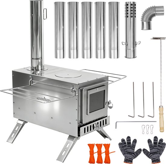 unho Houtkachel voor Camping & Outdoor - RVS Tentkachel - Draagbare Kampeerkachel inclusief 7 Rookkanalen, Hitteschild & Aslade - Voor Tent, Bushcraft & Tuin van Merkloos