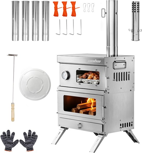 unho Tentkachel met oven - RVS houtkachel - Afneembare oven met thermometer - Zilver 5条 Highlights