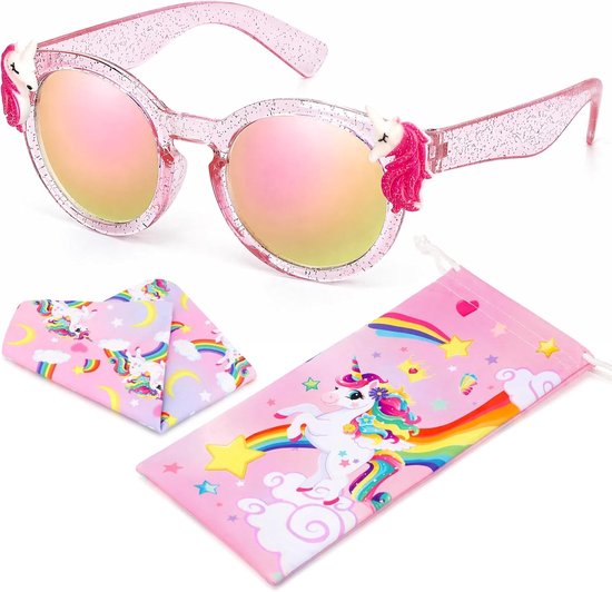 Unicorn Zonnebril voor Meisjes met UV-bescherming voor Kinderen van 3 tot 10 Jaar, Inclusief Zachte Pouch en Doek voor Strand, Feestjes en Verjaardagen