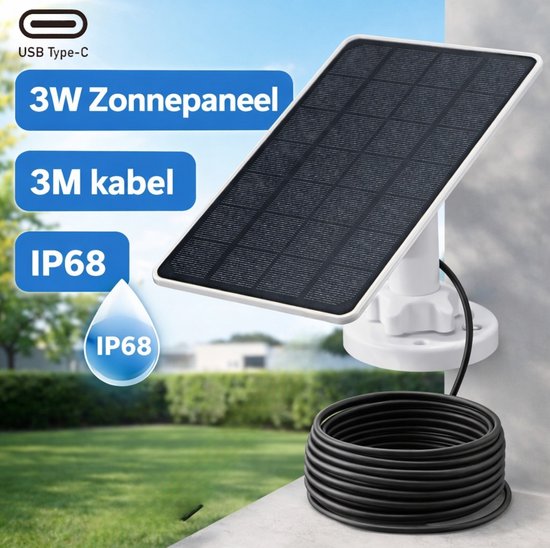 Universeel 3W Zonnepaneel voor Beveiligingscamera –USB C – IP68 Waterdicht – 3 Meter Kabel – Outdoor CCTV Camera Oplader – Inclusief Beugel