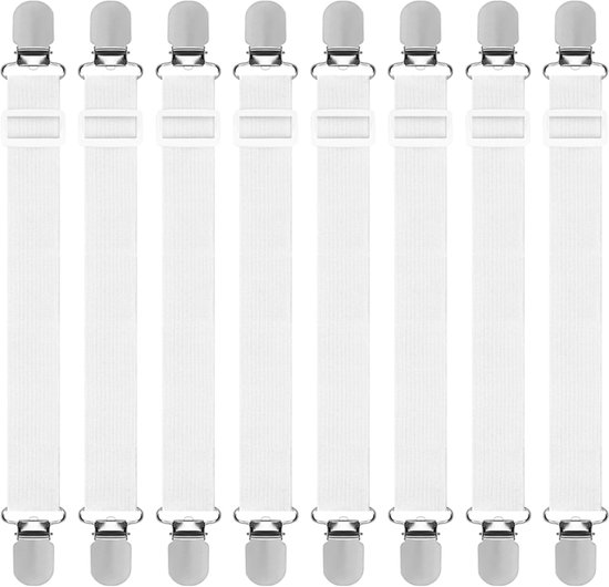 Universele Lakenspanners - 8 stuks hoes lakenspanners 2.5cm*130cm - elastische hoeslakenspanners - verstelbare hoeslakenhouders/wit/ met metalen clips - voor laken/ matras/strijkplank of bank van Alyvo
