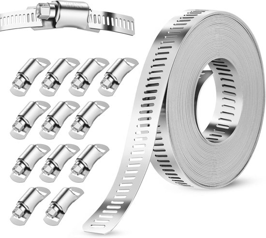 Universele slangklemset - 500Cm - Met 12 Hoepelkop - Slang Klemmen - Buisklem - Buis Beugel - Beugels - Slangklemmen Set - Voor om de Tuinslang Afvoerslang of Doucheslan van Merkloos