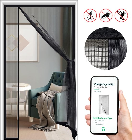 Unwanted Guests Magnetisch Vliegengordijn - Horgordijn - Vliegengordijn met Magneetsluiting - Premium Glasvezel Kwaliteit - Voor Nieuwbouw en Standaard Deuren - Modern Design - 210 x 91 cm - Eenvoudige Installatie - Zwarte Hor van Merkloos