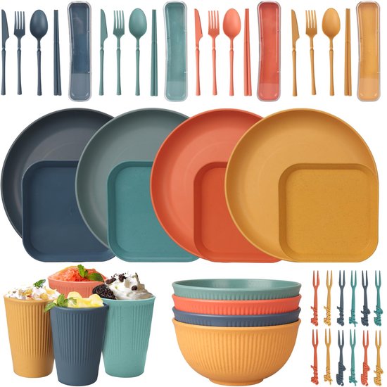Unyqoos ® Complete 48-delige Serviesset voor Camping, Picknick en Grill, Lichtgewicht en Kleurrijk