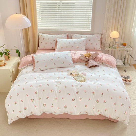 Unyqoos® Omkeerbare beddengoedset met tulpenpatroon voor meisjes in zachte microvezel van Merkloos