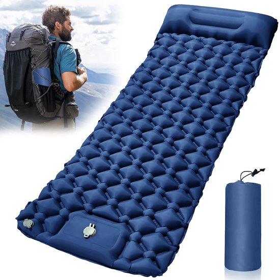 Unyqoos® Zelfopblazend, ultralicht luchtmatras met geïntegreerd kussen en voetpomp voor kamperen en outdoor avonturen