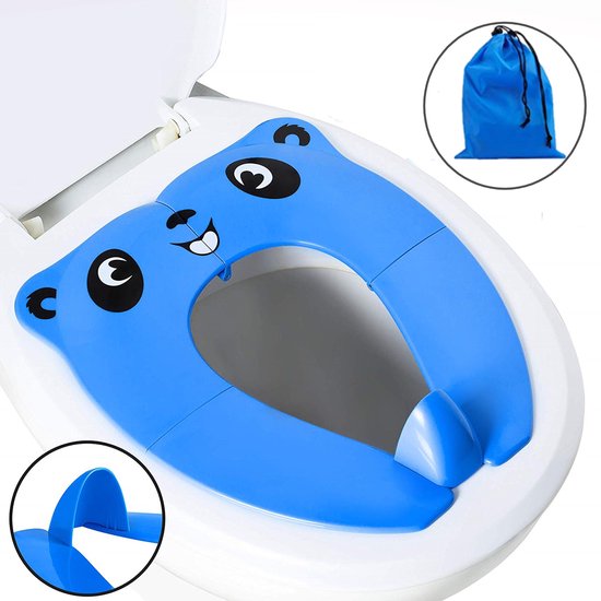 Upgrade WC Bril Verkleiner Blauw met Pandaprint in Blauwe Wasbare Tas -  Peuter Potje - Camping Toilet Trainer - WC Verkleiner -  Opvouwbare Toilet Zitje Onderweg/ Kampeer/ Vakantie - Uitgeklapt 36x29 cm van Upgrade