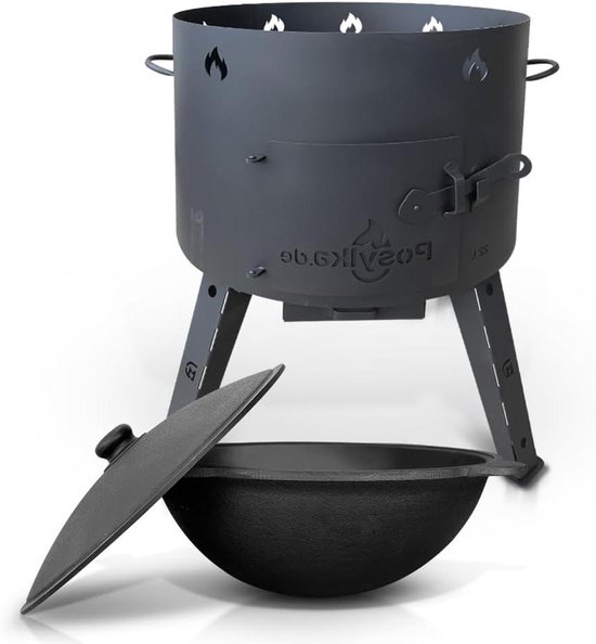 Utschak Kazan - Vuurkachel Gietijzer - Buiten Koken - Ronde Gietijzeren Pan - 12 Liter - Set 1