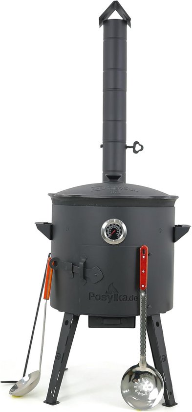 Utschak Kazan Vuurkachel met thermometer, gietijzeren pan, ronde bodem met deksel (12 l), schuimspaan 48 cm, pollepel 48 KazanoFF, 3 vuurschaal, camping, Kazan, goulashkanon Dutch Oven (set 3)