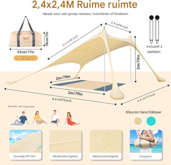 UV50+ Zonwering Strandtent - Inclusief Zandankers en Picknickkleed - Afmetingen 2.4x2.4 m van Safarica