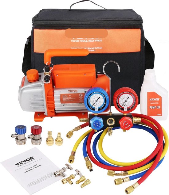 Vacuümpomp - Airco Vacuümpomp - Airco Vacuüm Vul Pomp - Airco Pomp - Met Accessoires - Met Opbergtas - 150W - 1440Rpm - 40 Micron - 3.5CFM - 120V van VONROC