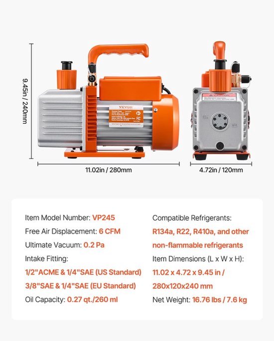 Vacuümpomp – Vacuüm Pomp – Aircopomp – Koelpomp – HVAC Pomp – 6 CFM 2-Traps – Koper Motor – Oliezichtvenster van Merkloos