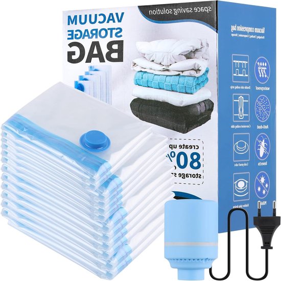 Vacuumzakken met elektrische pomp, 12 stuks voor dekbedden, winterkleding en opslag (2 x 60 x 40 cm, 4 x 70 x 50 cm, 4 x 80 x 60 cm, 2 x 100 x 80 cm) voor optimale ruimtebesparing en bescherming van Merkloos