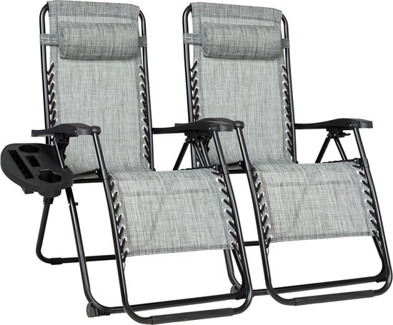 Vaive Luxe Tuinstoelen Duoset - Verstelbare Tuinstoel en Ligstoel - 30°-90° Verstelbaar - Tuin - Metaal - Grijs van Merkloos