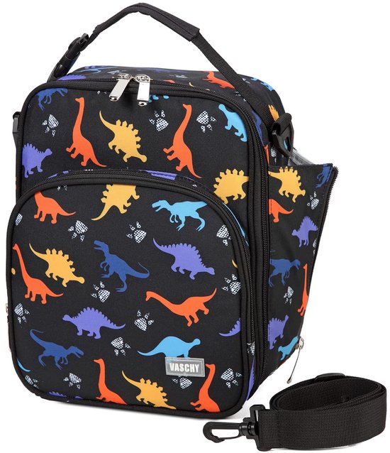VASCHY Kids Meal Bag, draagbare herbruikbare lunchtas met flesvakken, school- en picknicklunchtas (zwarte dinosaurus)