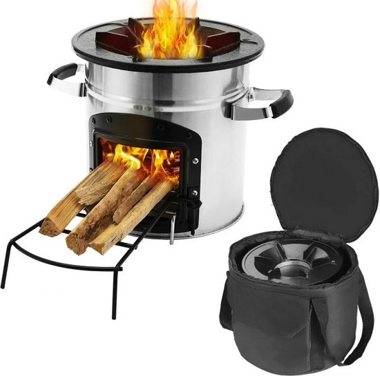 Veelzijdige Draagbaar Camping Kachel Buiten Activiteiten Comfortabeler & Praktischer- Efficiënte Kookoplossing- Camping Houtkachel & Draagtas- BBQ Rocket Kachel 26x26x25cmVuurkorf- Outdoor Koken 5.5KG Backpacken- Picknick - Grill RVS- Terrasverwarmer van VIDELLY