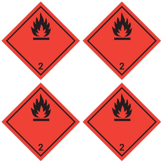 Veiligheidslabels Ontvlambare Gassen Klasse 2.1 - Zwart 100x100 mm - 4 Stuks ADR/GHS