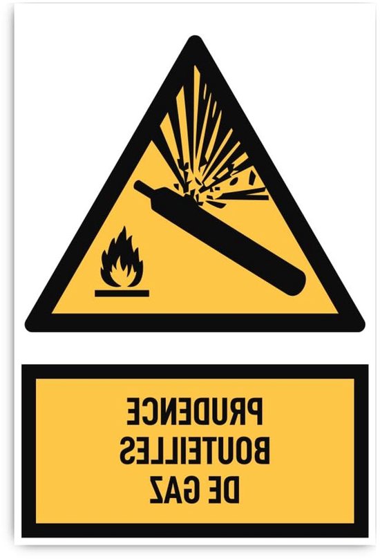 Veiligheidssticker Gasflessen - Waarschuwingsteken - Industriële Markering - Waterdicht en UV-bestendig - 300x200 mm - Geel Zwart