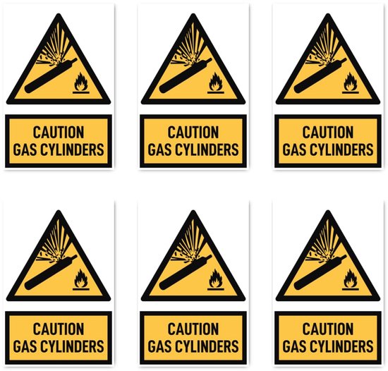 Veiligheidssticker: Let op Gasflessen - 75x50mm - 6 Stuks - Geel/Zwart Waarschuwingslabel
