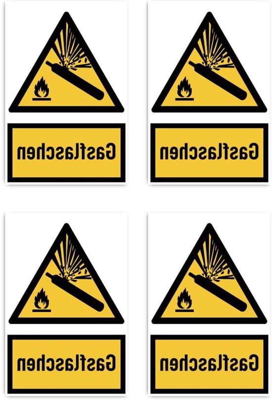 Veiligheidsstickers Gasflessen - Waarschuwingstekens - Veiligheid Markeren - Waterdicht UV-bestendig - 150x100 mm 4 stuks - Geel Zwart