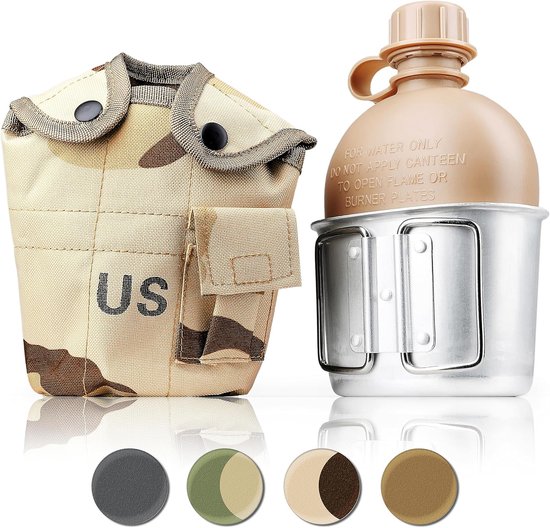 Veldfles 1 Liter met Drinkbeker/Kookpan - Militaire Stijl Aluminium Outdoor Waterfles