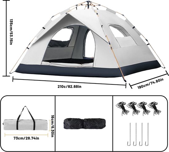 Velmio Automatische Pop-up Tent – Waterdicht - Camping Tent voor 2-4 Personen - 210x190x135cm - Waterdichte Kampeertent - Outdoor Kampeer & Festival Tent – Ideaal voor Gezinscamping en Buitenactiviteiten – Met Luifel & Draagtas – Grijs