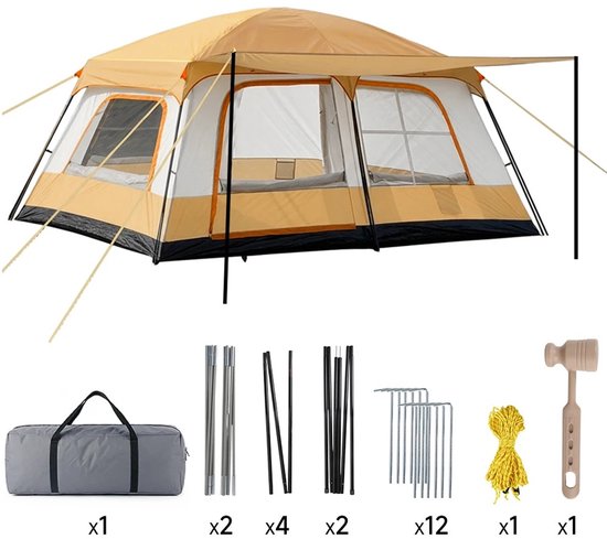 Velmio Familie Glampingtent - Khaki - Tunnel tent - 4-6 Personen - UV bescherming - Zonbescherming - Oxford Materiaal - 2 Slaapkamers + Woonruimte - Muggengaas - Waterafstotend - voor Kamperen en Glamping - Camping - Festival - Beige