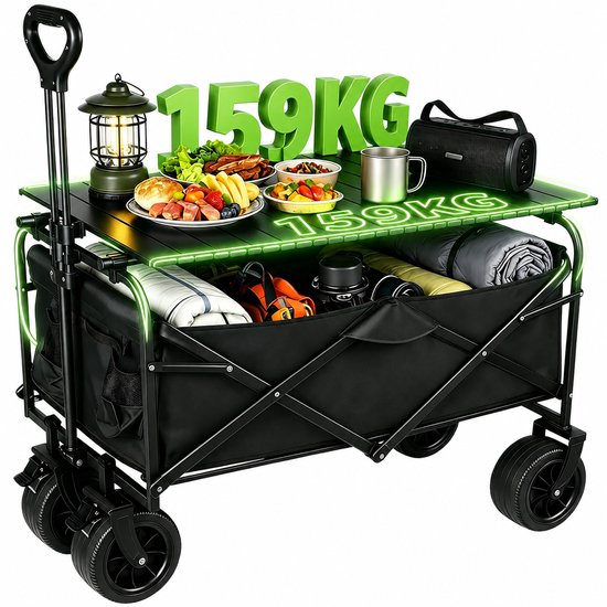 Velmio Opvouwbare Bolderkar met Tafel - Bolderkar - 150 Liter - Strand/Picknicken/Wandelen/Kamperen - Schokbestendige Wielen - Zwart - 95 × 57 × 100 cm
