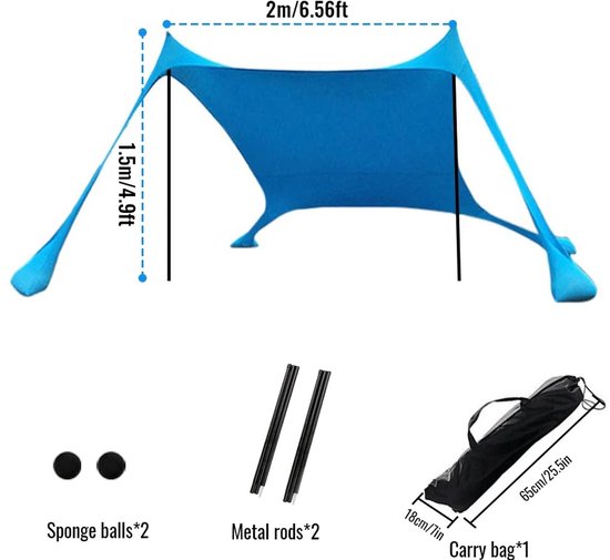 Velmio Strandtent L - 150x200cm - Zontent - Zonwering - UPF50 - Winbescherming Strand - Schaduwtent - Voor Kamperen/Outdoor - Blauw
