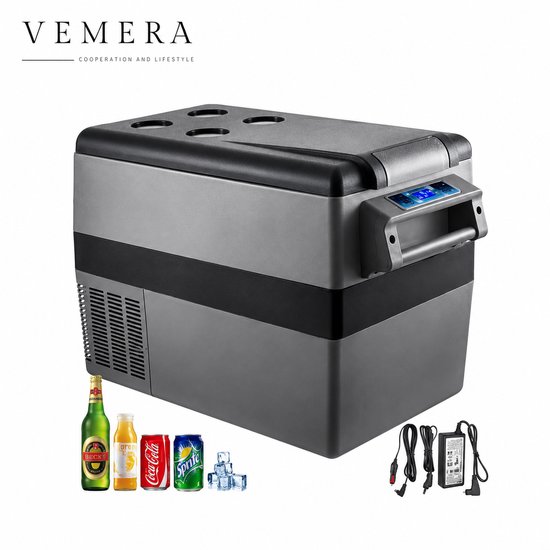 Vemera koelbox - mini koelkast - koelbox 55L - Ijsbox - draagbaar elektrische koelbox - 12V - 69,3×34,5×53,1 cm L B H - zwart