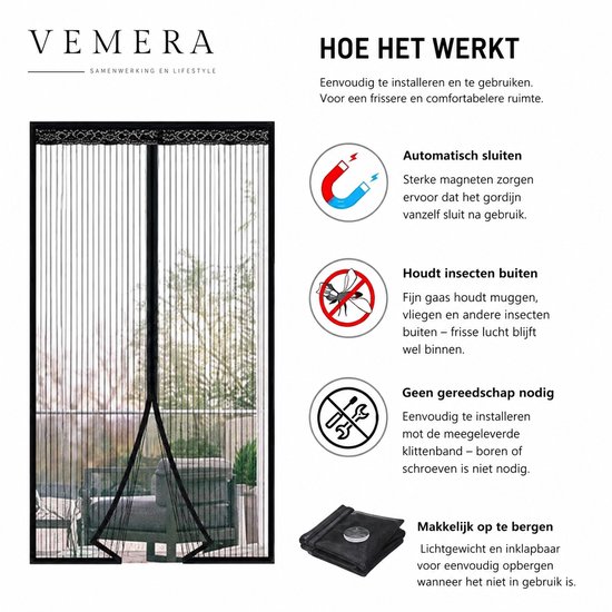 Vemera vliegengordijn - hordeur - magnetische hordeur - insectengaas - 90x210 cm – Zelfsluitend – Sterke Magneten