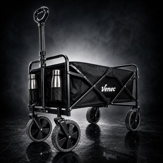 Venec Opvouwbare Bolderkar – Lichtgewicht en Robuust – Max. Draagvermogen 150 kg – Compact Ontwerp 87 x 54 x 76 cm – Verstelbare Stang – Massieve Banden – Inclusief Bidonhouder – Zwart