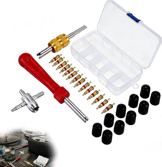 Ventiel Reparatie Set - Banden Gereedschap - Auto Onderhoud - 33 Delige Kit - Compact Formaat van Merkloos
