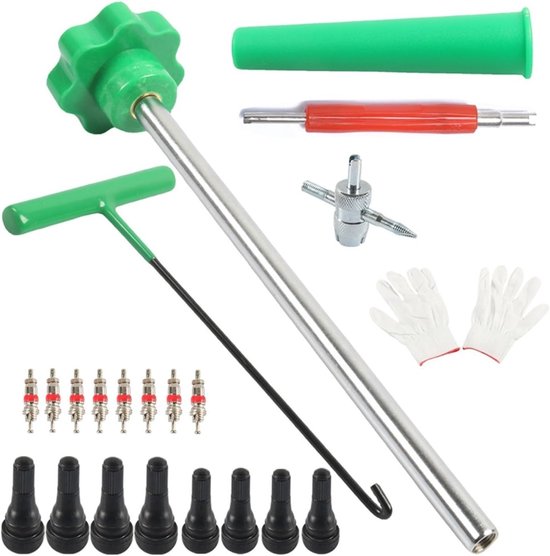 Ventiel Reparatie Tool - Band Service Kit - Banden Onderhoud - T-Haak Ontwerp - 22 Stuks - Groen