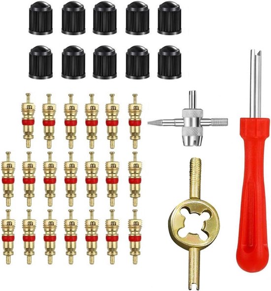 Ventiel Reparatieset - Bandgereedschap - Banden Onderhoud - Compleet met 4-in-1 tool - 33 Delig - Zilver