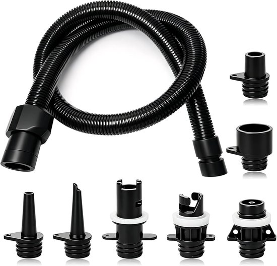 Ventieladapter Set - Opblaas Adapter - Watersport Accessoires - Universele Mondstukken - 1 Meter Slang - Zwart