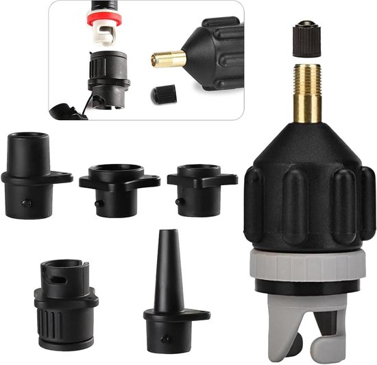 Ventieladapter Set - Opblaasadapter - Watersport Accessoires - 6-in-1 Design - 4 Mondstukken - Zwart