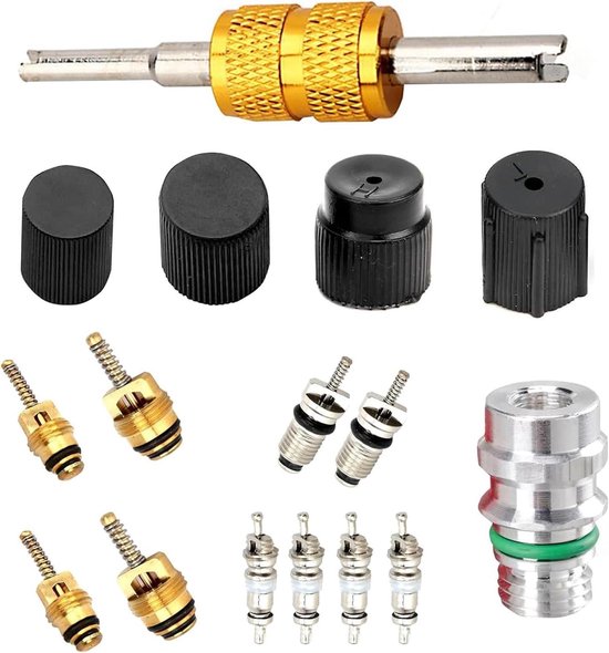 Ventielkern Kit - Reparatieset A/C - Auto Onderhoud - Dubbele Kop Gereedschap - 16 Delig - Zwart
