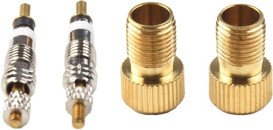 Ventielkernen Set - Fietsventiel Reparatie - Fietsbanden Oppompen - Messing Constructie - 2x Kern 2x Adapter - Messing Kleur van Merkloos