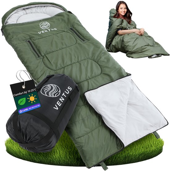 Ventus Slaapzak - Comfortzone 10 - 25 °C - 185 x 83 cm - Incl Compressiezak - Geschikt voor Volwassen en Kind - Mummy Sleeping Bag - Kamperen - Lichtgewicht - Koppelbaar 1 of 2 persoons - Groen van Ventus