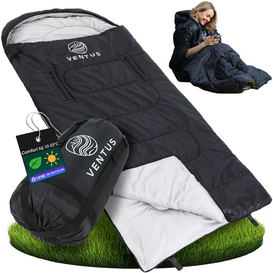 Ventus Slaapzak - Comfortzone 10 - 25 °C - 185 x 83 cm - Incl Compressiezak - Geschikt voor Volwassen en Kind - Mummy Sleeping Bag - Kamperen - Lichtgewicht - Koppelbaar 1 of 2 persoons - Zwart van Ventus