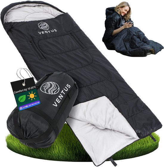 Ventus Slaapzak - Comfortzone 10 - 25 °C - 220 x 83 cm - Incl Compressiezak - Geschikt voor Volwassen en Kind - Mummy Sleeping Bag - Kamperen - Lichtgewicht - Koppelbaar 1 of 2 persoons - Zwart van Ventus