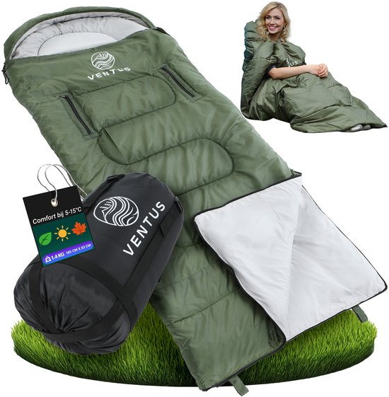 Ventus Slaapzak - Comfortzone 5 - 15 °C - 185 x 83 cm - Incl Compressiezak - Geschikt voor Volwassen en Kind - Mummy Sleeping Bag - Kamperen - Lichtgewicht - Koppelbaar 1 of 2 persoons - Groen van Ventus